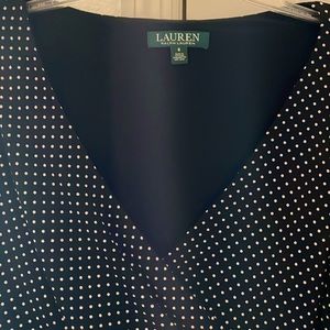 Dress by Lauren. Black/white polka dots. Faux wrap